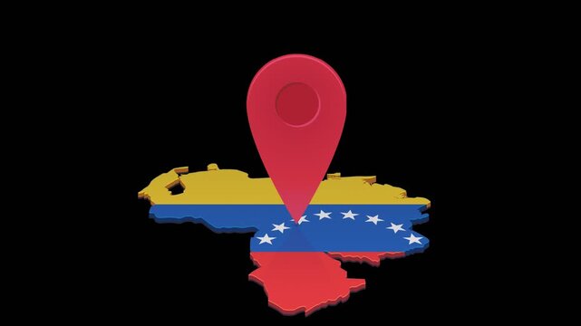 Loopable animation of a map pin bouncing on Venezuela 3D map. Travel navigation concept. Chroma key green screen with alpha channel. (loopable)