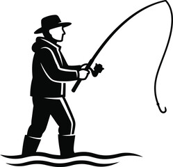 Naklejka premium Fisherman Silhouette Holding Fishing Rod in the Water