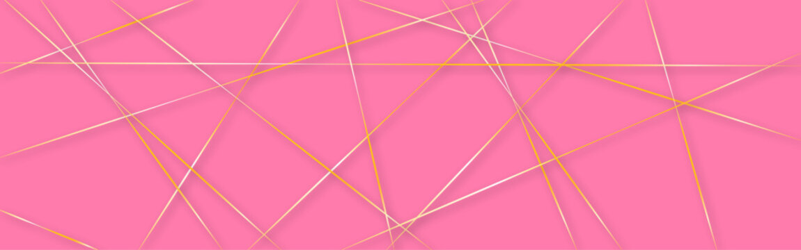 Abstract Pink Geometric Line Background with Gold and White Intersecting Lines. Modern Pink Background with Elegant Golden Linear Geometric Pattern.