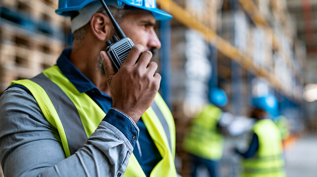 Faceless cross-docking team supervisor coordinating inbound and outbound flow simultaneously using walkie-talkie while team handles pallets in busy transfer hub, logistics