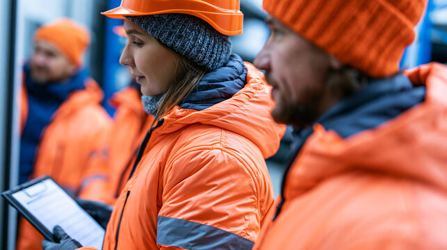 Faceless cold chain logistics team in insulated jackets gathered for temperature compliance briefing near refrigerated storage unit in pharmaceutical distribution warehouse,