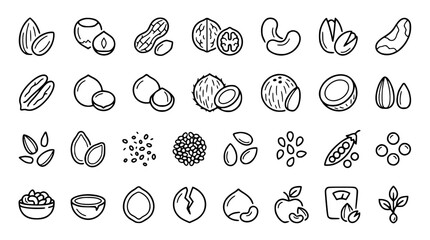 Nuts and seeds line icon set featuring almond peanut walnut cashew pistachio coconut hazelnut and healthy organic superfood symbols © Mohammad
