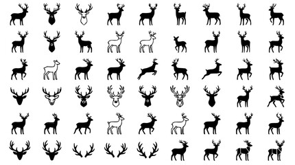 Deer and stag silhouette vector icon set featuring buck heads antlers wildlife forest animals hunting and Christmas reindeer outline elements © Mohammad