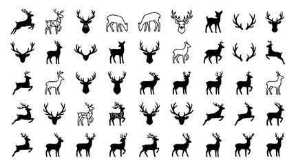 Deer and stag silhouette vector icon set featuring buck heads antlers wildlife animals forest hunting and Christmas reindeer symbols © Mohammad