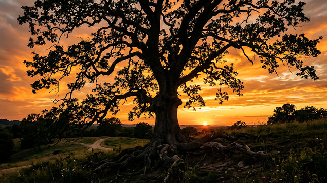 Silhouette of a large ancient oak tree at sunset with silhouette landscape majestic sunlight wilderness environment beautiful