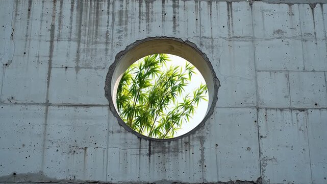 Concrete wall with circular opening and bamboo