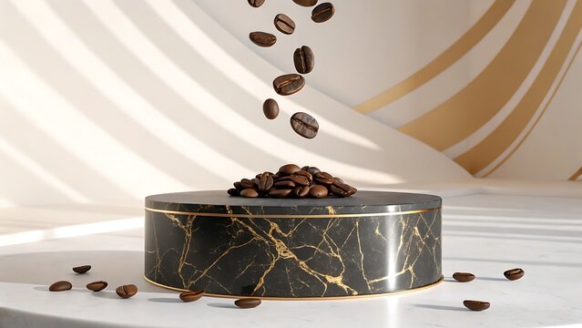 Elegant marble coffee cont International Coffee Day background ainer with coffee beans spilling out beautifully 