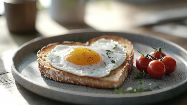 A heart-shaped piece of toast holds a fried egg in a kitchen. Cherry tomatoes sit beside the toast on a plate. It shows a cozy breakfast scene with soft morning light