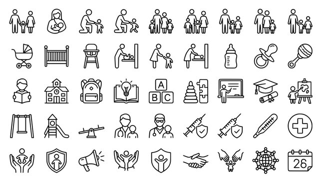 Comprehensive parenting childhood education and family pediatric healthcare line icon set containing nursery toys schooling and child safety protection symbols vector