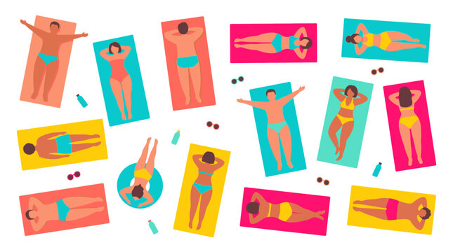 Top View Beach Sunbathing People Flat Vector Overhead Bird Eye View Summer Vacation Holiday Illustration EPS SVG Isolated White Background