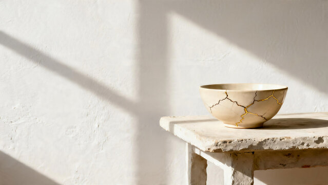 Kintsugi Cracked Ceramic Bowl Repaired with Gold Lacquer