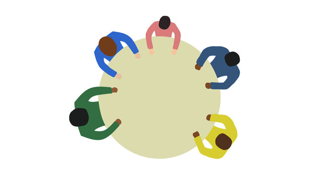 Top view minimalist illustration of diverse business people sitting around a round table for a meeting or collaboration, isolated on white background