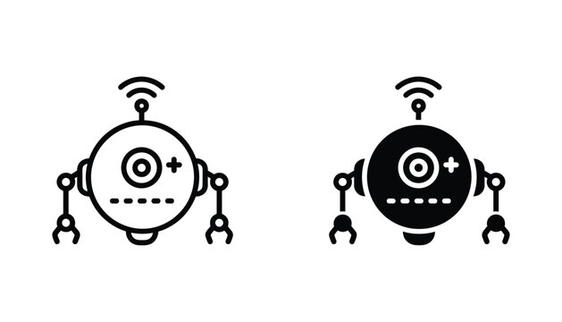 Robot vector icon isolated on white Black and white outline line art and solid glyph silhouette