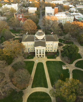 Aerial view of the state capitol building with Fall foliage in Raleigh North Carolina