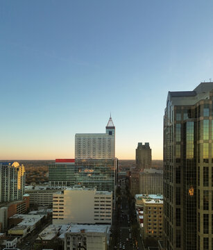 Aerial view of downtown Raleigh NC skyline at sunset