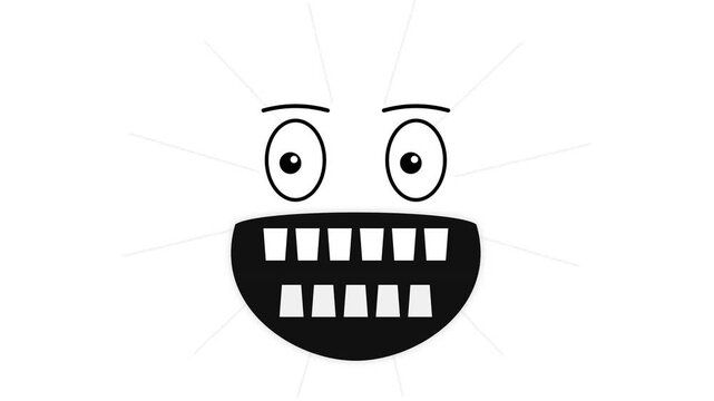 Minimalist 2D cartoon face animation on a white background featuring large expressive eyes, black eyebrows, and a wide grinning mouth with white teeth and radiating light lines.