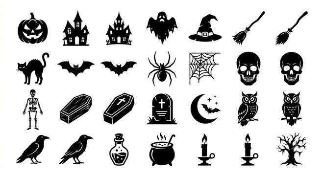 Spooky Halloween silhouette vector icon set, unique scary holiday elements in clean grid, pumpkin haunted house ghost witch skull bat spider coffin raven, solid black shapes isolated on white backgrou