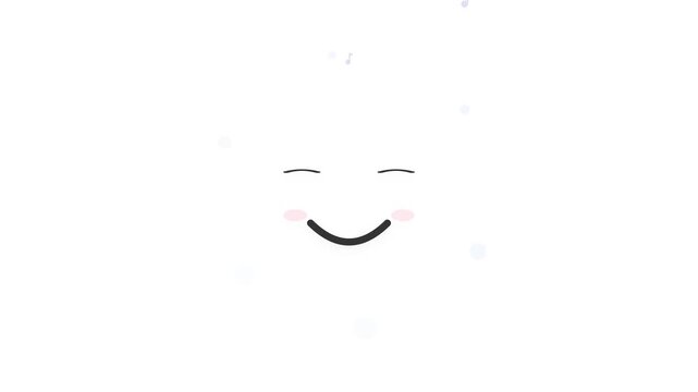Minimalist cute white smiley face with closed eyes and pink cheeks on a clean white background with floating music notes and subtle glowing elements in a flat design style.