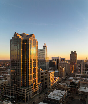 Aerial view of downtown Raleigh NC skyline at sunset