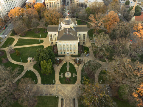 Aerial view of the state capitol building with Fall foliage in Raleigh North Carolina