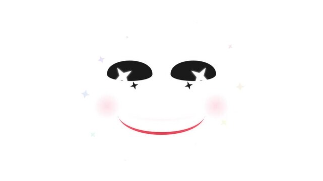 Minimalist stylized cartoon smiley face featuring black oval eyes with star highlights, small stars underneath, pink rosy cheeks, and a thin red smile on a plain white background.