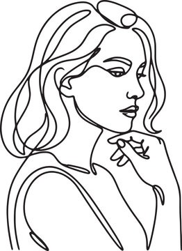 Woman with curly hair and glasses, portrait, black and white line