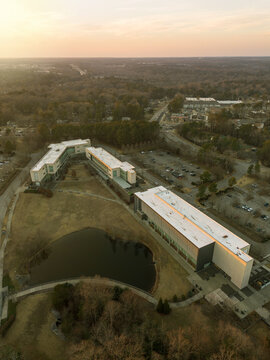 Aerial view of the North campus of Wake Tech Community College, a two year technical school in Wake County, Raleigh, North Carolina