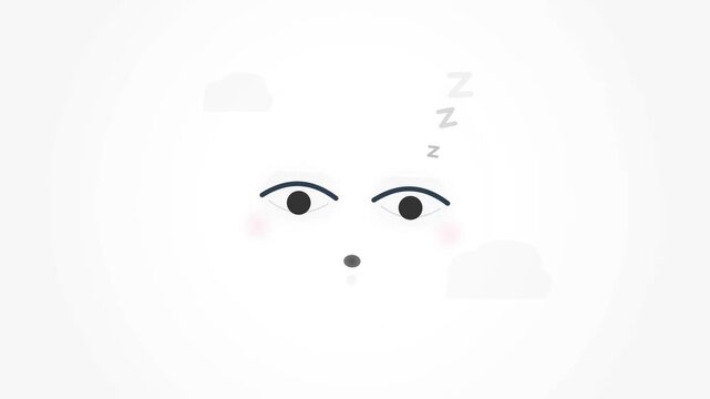 Minimalist 2D animation of a cute stylized face with large eyes and pink cheeks, featuring floating ZZZ sleep symbols and soft clouds on a white background, representing rest and dreaming.