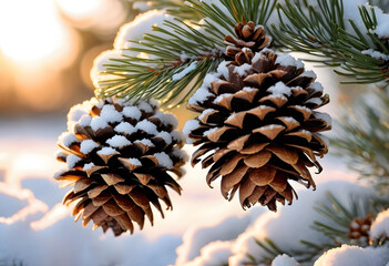 Fototapeta premium Two snow-covered pinecones on pine tree branch at golden hour