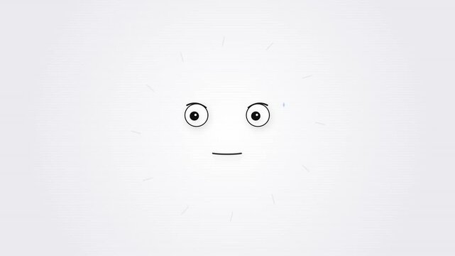 Minimalist cartoon face with wide eyes and flat mouth centered on a bright white background with faint radial line accents, abstract 2D vector animation style asset.