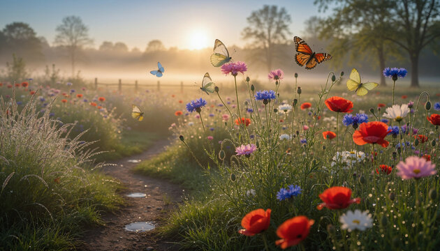 Meadow with colorful wildflowers and butterflies in morning mist