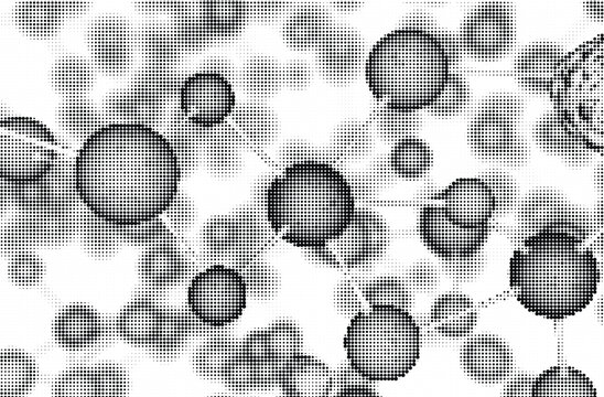 Cluster halftone of spheres or cells, resembling molecules or biological structures, created with a dot pattern effect.