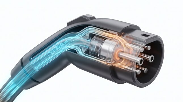 Cross section of liquid cooled electric vehicle charging plug