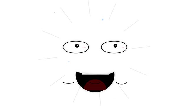 Minimalist 2D cartoon face featuring wide eyes and a large open mouth with a joyful expression, surrounded by thin radiating light rays on a clean white background in 4K.