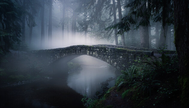 Misty Stone Bridge Over Stream in Foggy Forest