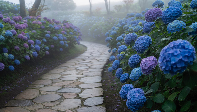 Path lined with blooming blue and purple hydrangeas in fog