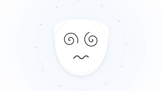 Minimalist white mask icon featuring black spiral eyes and a wavy mouth depicting dizziness or confusion, set against a white background with faint gray concentric circular patterns.