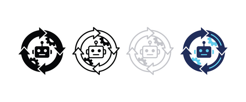 Four robot icons with circular automation arrows