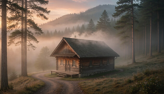 Rustic log cabin in misty forest at sunrise mountain landscape