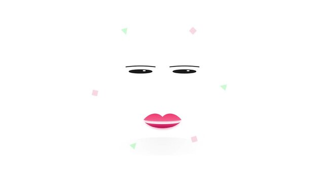 Minimalist 2D abstract character face illustration featuring narrow black eyes, thin eyebrows, and pink lips on a white background with floating green and pink geometric shapes.
