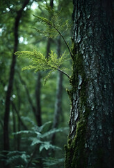 Fototapeta premium Close-up of mossy tree trunk with green fern branch in forest