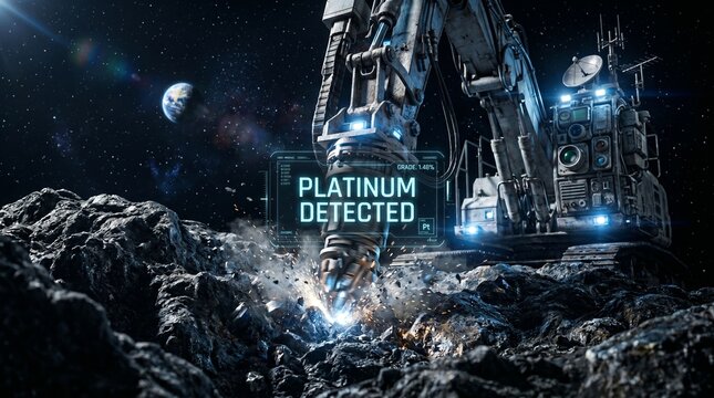 A robotic mining excavator drills into a rocky asteroid with Earth visible in the dark starry background 3d rendered