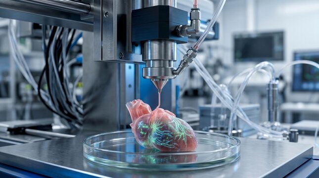 A 3D bioprinter is actively printing a human heart model on a petri dish in a modern medical laboratory.