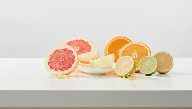 Sliced citrus fruits arrangement on white surface