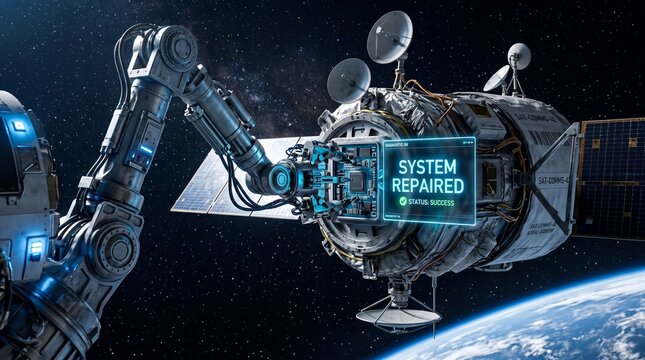 A robotic arm extends from a spacecraft to repair a satellite in orbit above the earth 3d rendered