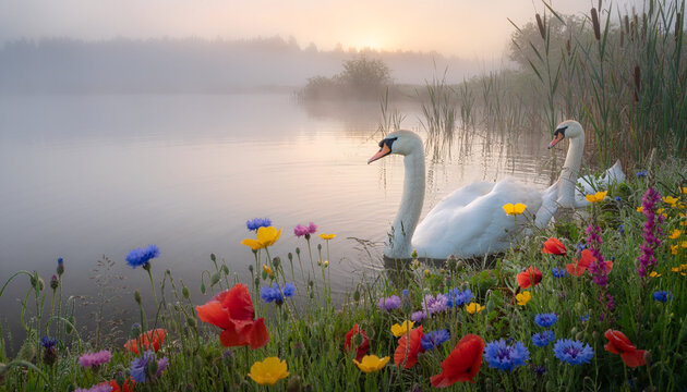 Two swans in a misty lake surrounded by wildflowers at sunrise