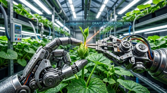 Robotic hands carefully graft a plant in a modern indoor farm, illustrating agricultural technology 3d rendered.