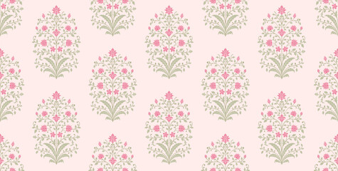 Mughal flower pattern with soft pink blooms for textile and wallpaper design. Seamless botanical Mughal pattern with pink floral motifs for fabric print.  © Design 35