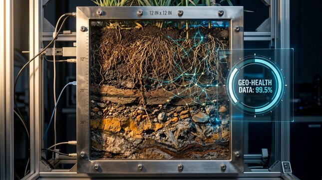 Scientific experiment showing soil layers and plant roots with digital data overlay