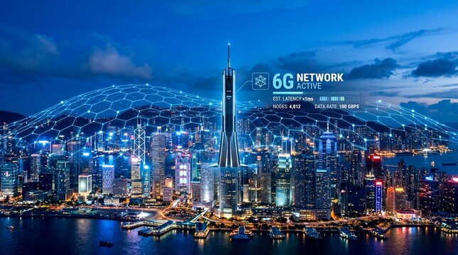 Futuristic city skyline at night with glowing 6G network connections spreading across the buildings